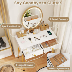 Industrial Vanity Desk w/ 3-Color Lighted Mirror, Charging Station & 4 Drawers, Retro Makeup Table Set w/ Padded Stool, Bedroom Dressing Table