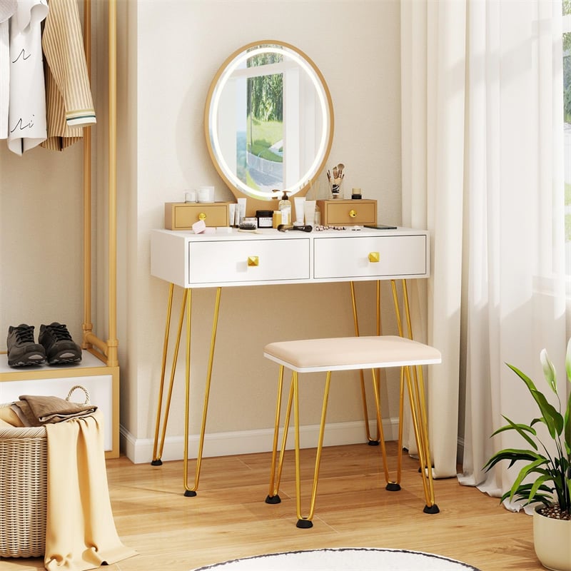 Industrial Vanity Desk w/ 3-Color Lighted Mirror, Charging Station & 4 Drawers, Retro Makeup Table Set w/ Padded Stool, Bedroom Dressing Table