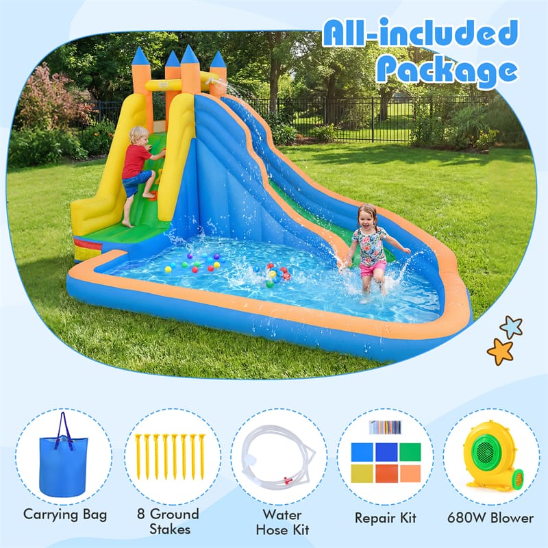 Inflatable Water Slide, Giant Bouncy Castle Water Park with Climbing Wall & Splash Pool, Blow up Waterslide for Kids Backyard Party
