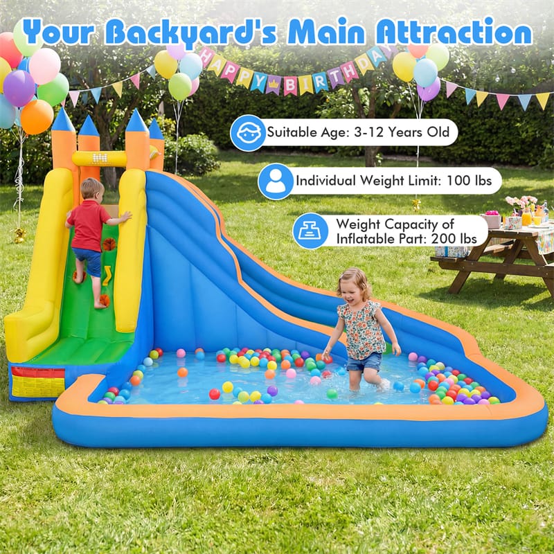 Inflatable Water Slide, Giant Bouncy Castle Water Park with Climbing Wall & Splash Pool, Blow up Waterslide for Kids Backyard Party