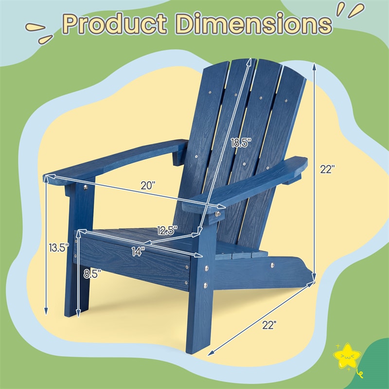 Kids Adirondack Chair, All-Weather HIPS Outdoor Chair with Ergonomic High Backrest & Armrests, Toddler Lawn Patio Seat for Ages 3-8