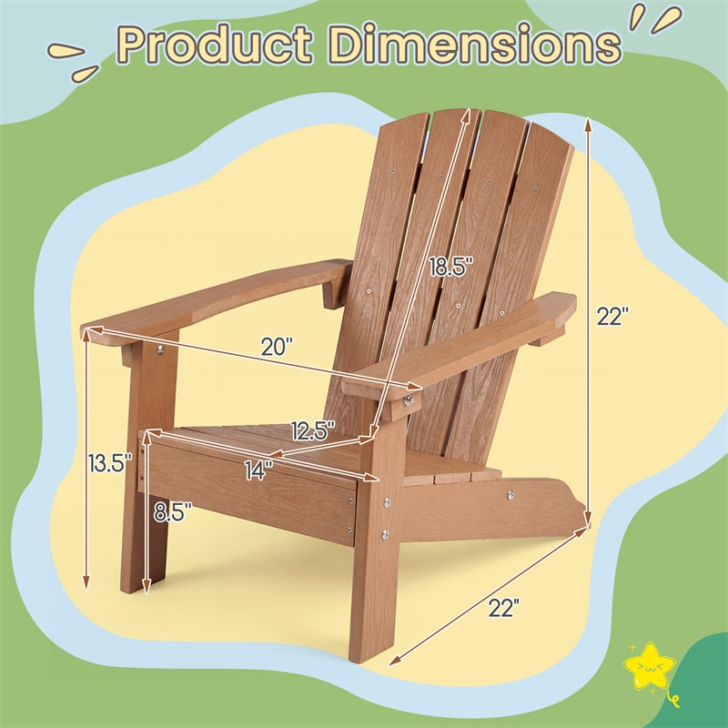 Kids Adirondack Chair, All-Weather HIPS Outdoor Chair with Ergonomic High Backrest & Armrests, Toddler Lawn Patio Seat for Ages 3-8