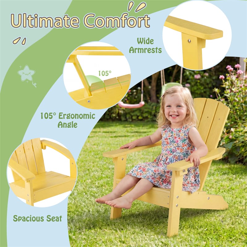 Kids Adirondack Chair, All-Weather HIPS Outdoor Chair with Ergonomic High Backrest & Armrests, Toddler Lawn Patio Seat for Ages 3-8