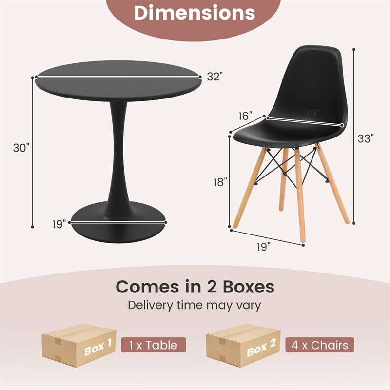 Modern 5-Piece Round Dining Table Set for 4, 32" Kitchen Table with 4 Chairs & Solid Wood Legs, Dinette Set for Small Spaces