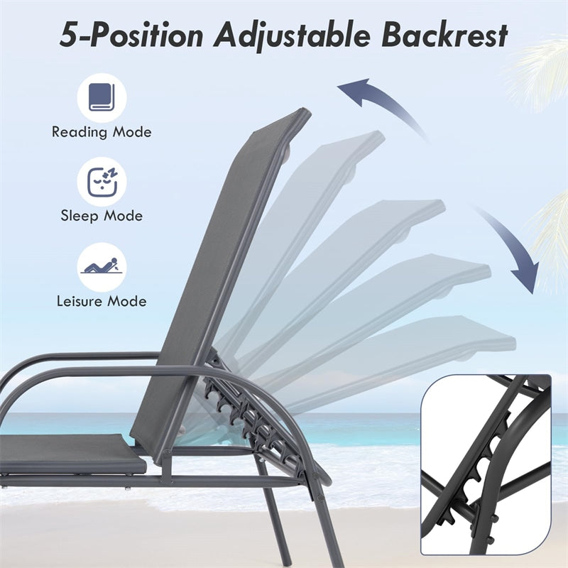 Outdoor Folding Chaise Lounge Chair with 5-Position Adjustable Backrest, Lightweight Fabric Sunbathing Chair Sun Lounger for Poolside Patio