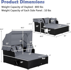 Patio Rattan Daybed, Outdoor Wicker Double Sun Lounger with Retractable Canopy, 2 Foldable Side Trays & Thick Cushions for Garden Poolside, Porch
