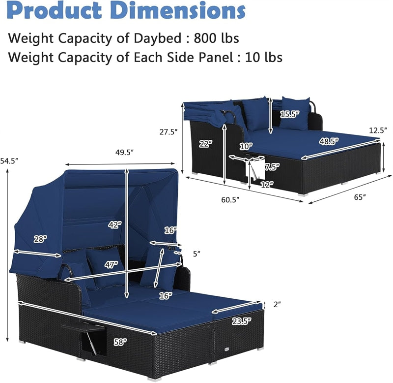 Patio Rattan Daybed, Outdoor Wicker Double Sun Lounger with Retractable Canopy, 2 Foldable Side Trays & Thick Cushions for Garden Poolside, Porch