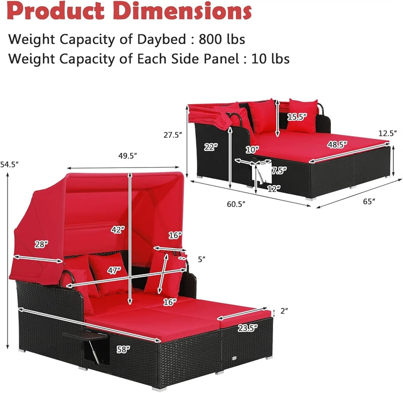 Patio Rattan Daybed, Outdoor Wicker Double Sun Lounger with Retractable Canopy, 2 Foldable Side Trays & Thick Cushions for Garden Poolside, Porch