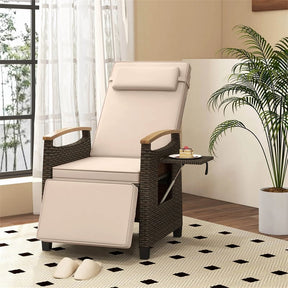 Patio Rattan Wicker Recliner Chair Push Back Reclining Lounge Chair w/Adjustable Backrest & Footrest, Flip Side Table, Cushion