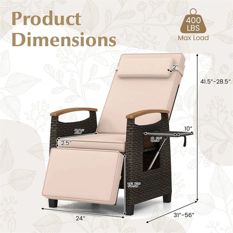 Patio Rattan Wicker Recliner Chair Push Back Reclining Lounge Chair w/Adjustable Backrest & Footrest, Flip Side Table, Cushion