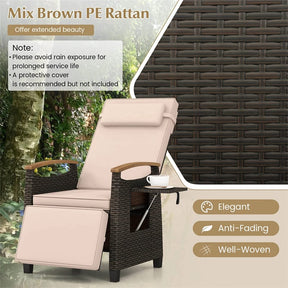 Patio Rattan Wicker Recliner Chair Push Back Reclining Lounge Chair w/Adjustable Backrest & Footrest, Flip Side Table, Cushion