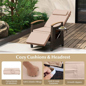 Patio Rattan Wicker Recliner Chair Push Back Reclining Lounge Chair w/Adjustable Backrest & Footrest, Flip Side Table, Cushion