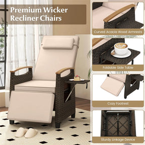 Patio Rattan Wicker Recliner Chair Push Back Reclining Lounge Chair w/Adjustable Backrest & Footrest, Flip Side Table, Cushion