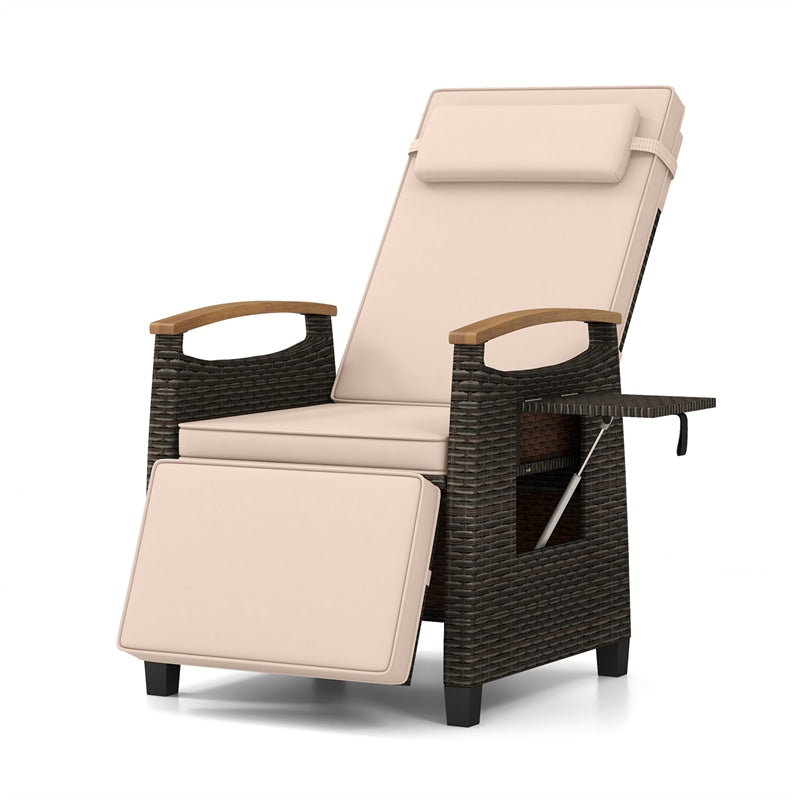 Patio Rattan Wicker Recliner Chair Push Back Reclining Lounge Chair w/Adjustable Backrest & Footrest, Flip Side Table, Cushion