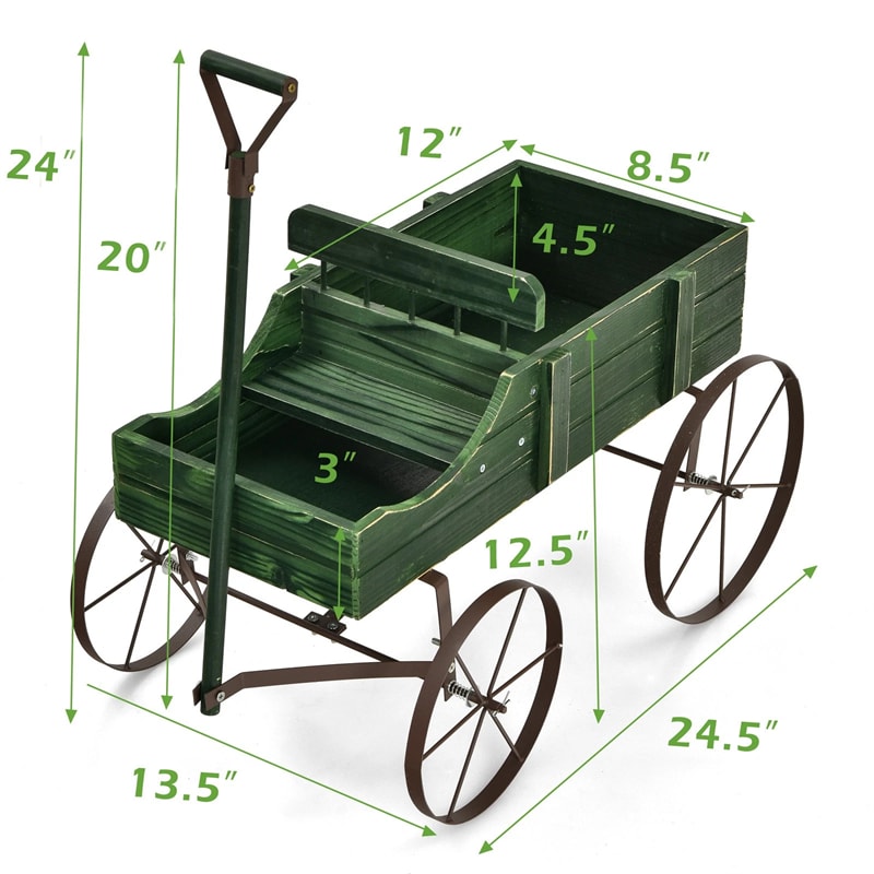 Rustic Wooden Wagon Planter, Decorative Garden Flower Cart with Metal Wheels & Adjustable Handle, Large Raised Bed Plant Stand for Patio Yard