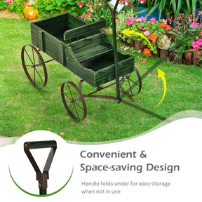 Rustic Wooden Wagon Planter, Decorative Garden Flower Cart with Metal Wheels & Adjustable Handle, Large Raised Bed Plant Stand for Patio Yard