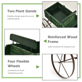 Rustic Wooden Wagon Planter, Decorative Garden Flower Cart with Metal Wheels & Adjustable Handle, Large Raised Bed Plant Stand for Patio Yard