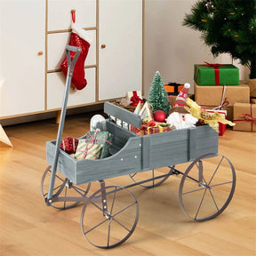 Rustic Wooden Wagon Planter, Decorative Garden Flower Cart with Metal Wheels & Adjustable Handle, Large Raised Bed Plant Stand for Patio Yard