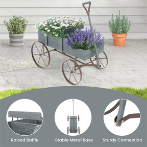 Rustic Wooden Wagon Planter, Decorative Garden Flower Cart with Metal Wheels & Adjustable Handle, Large Raised Bed Plant Stand for Patio Yard