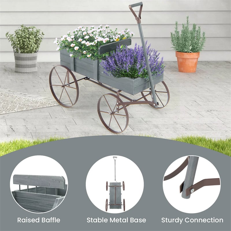 Rustic Wooden Wagon Planter, Decorative Garden Flower Cart with Metal Wheels & Adjustable Handle, Large Raised Bed Plant Stand for Patio Yard