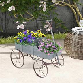 Rustic Wooden Wagon Planter, Decorative Garden Flower Cart with Metal Wheels & Adjustable Handle, Large Raised Bed Plant Stand for Patio Yard