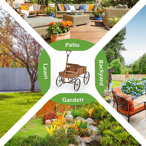 Rustic Wooden Wagon Planter, Decorative Garden Flower Cart with Metal Wheels & Adjustable Handle, Large Raised Bed Plant Stand for Patio Yard