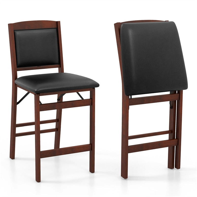 Set of 2 Folding Counter Height Bar Stools, 24.5" Kitchen Island Bar Chairs w/ Padded Backrest & Seat, Rubber Wood Legs, No Assembly Needed