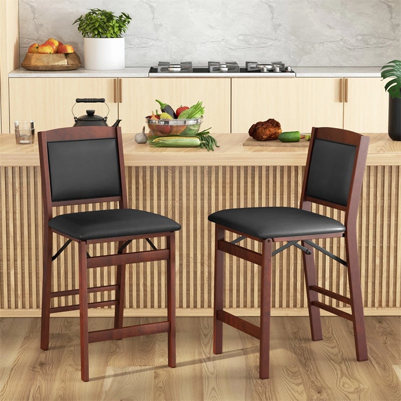 Set of 2 Folding Counter Height Bar Stools, 24.5" Kitchen Island Bar Chairs w/ Padded Backrest & Seat, Rubber Wood Legs, No Assembly Needed