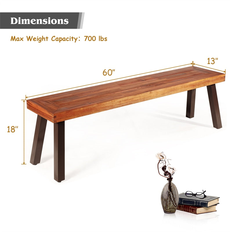 Set of 2 Rustic Acacia Wood Bench with Metal Legs, Indoor & Outdoor Dining Bench Patio Picnic Bench