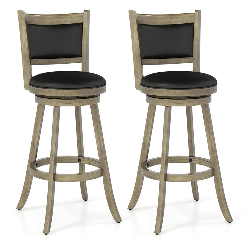 Set of 2 Wooden Swivel Bar Stools, 29" Bar Height Chairs with PVC Leather Cushioned Back & Seat, Upholstered Barstools for Kitchen Island
