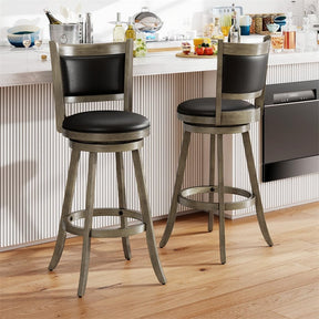 Set of 2 Wooden Swivel Bar Stools, 29" Bar Height Chairs with PVC Leather Cushioned Back & Seat, Upholstered Barstools for Kitchen Island