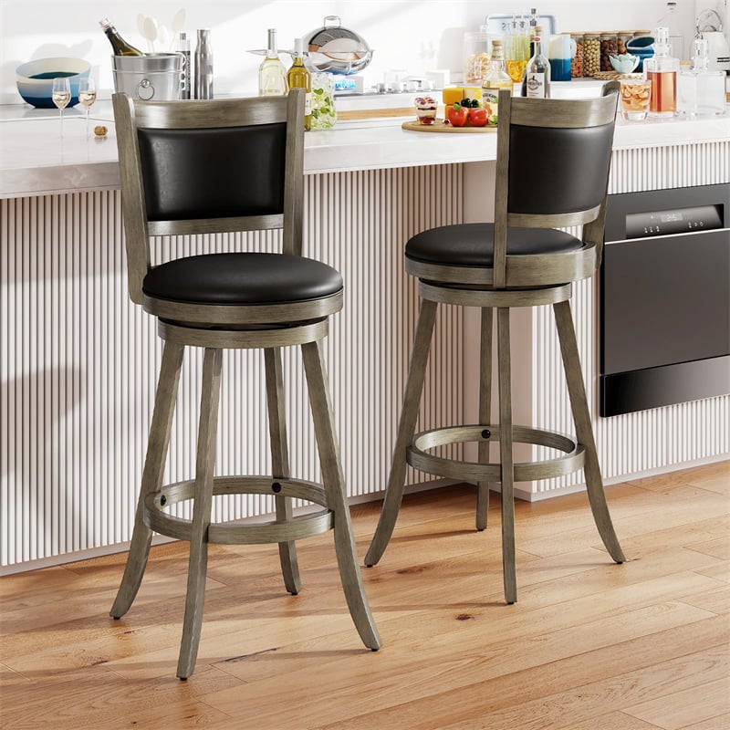 Set of 2 Wooden Swivel Bar Stools, 29" Bar Height Chairs with PVC Leather Cushioned Back & Seat, Upholstered Barstools for Kitchen Island