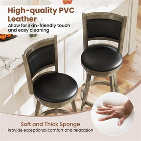 Set of 2 Wooden Swivel Bar Stools, 29" Bar Height Chairs with PVC Leather Cushioned Back & Seat, Upholstered Barstools for Kitchen Island