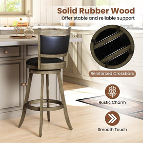 Set of 2 Wooden Swivel Bar Stools, 29" Bar Height Chairs with PVC Leather Cushioned Back & Seat, Upholstered Barstools for Kitchen Island