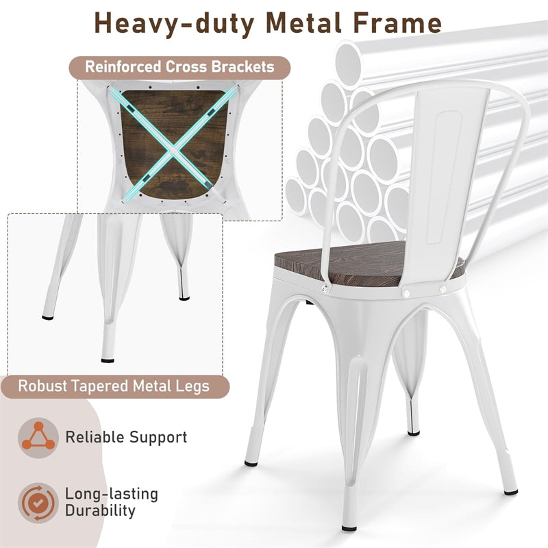 Set of 4 Tolix Style Metal Dining Chairs, 18" Stackable Bistro Cafe Side Chairs with Wood Seat & High Backrest for Home Kitchen Bar Use
