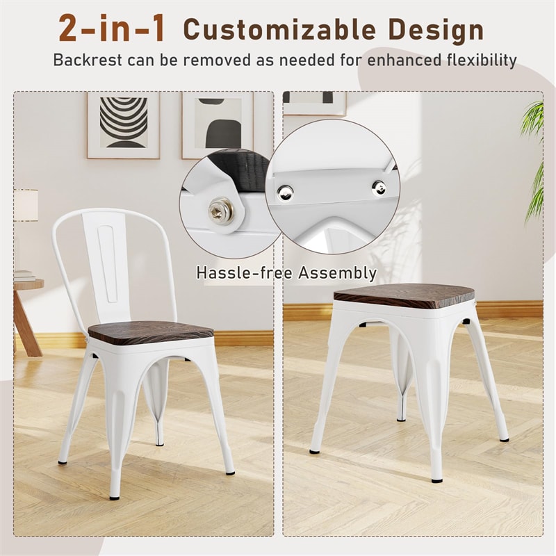 Set of 4 Tolix Style Metal Dining Chairs, 18" Stackable Bistro Cafe Side Chairs with Wood Seat & High Backrest for Home Kitchen Bar Use