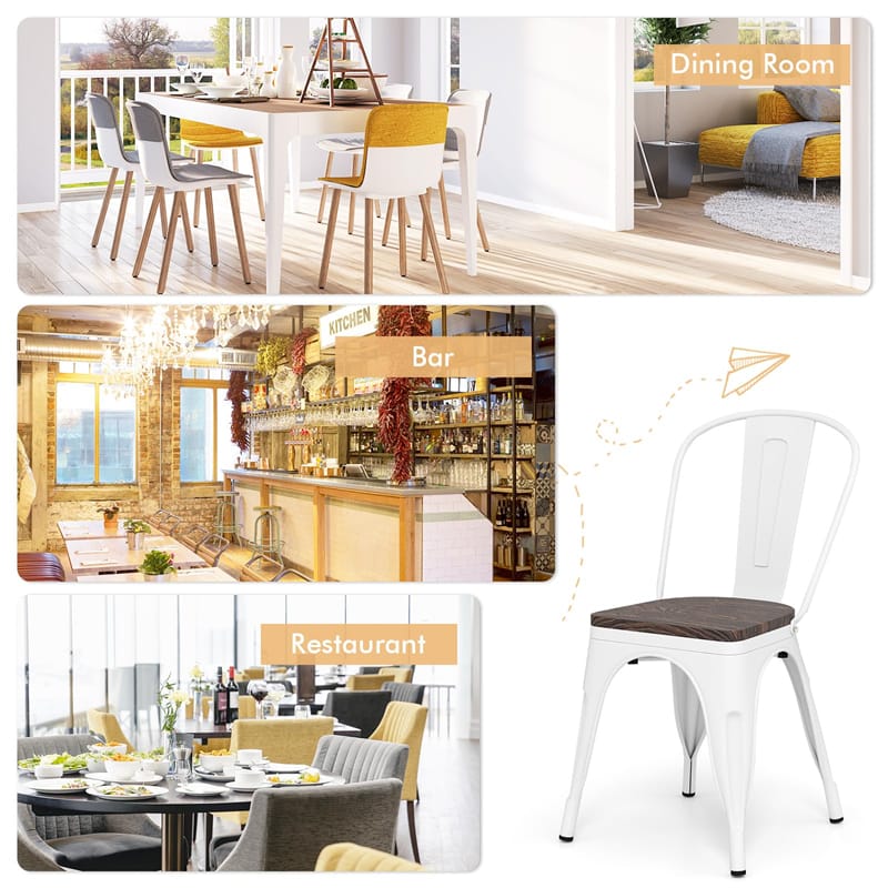 Set of 4 Tolix Style Metal Dining Chairs, 18" Stackable Bistro Cafe Side Chairs with Wood Seat & High Backrest for Home Kitchen Bar Use