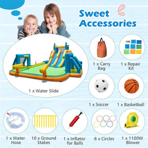 Giant Soccer Themed Inflatable Water Slide Park with Large Splash Pool, 2 Long Slides, 2 Soccer Goals & Dual Climbing Walls for Big Kids Backyard Fun