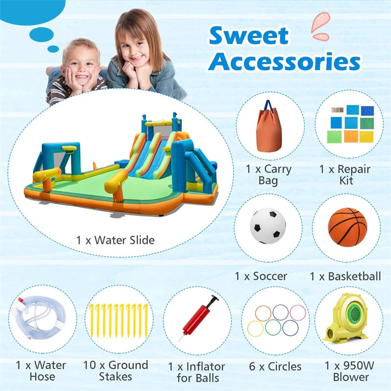 Giant Soccer Themed Inflatable Water Slide Park with Large Splash Pool, 2 Long Slides, 2 Soccer Goals & Dual Climbing Walls for Big Kids Backyard Fun