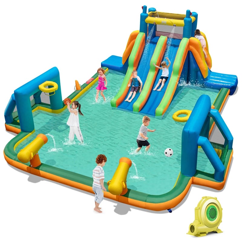 Giant Soccer Themed Inflatable Water Slide Park with Large Splash Pool, 2 Long Slides, 2 Soccer Goals & Dual Climbing Walls for Big Kids Backyard Fun