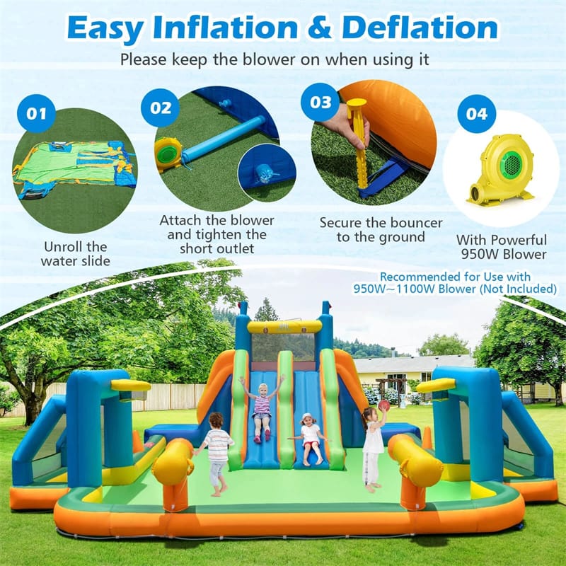 Giant Soccer Themed Inflatable Water Slide Park with Large Splash Pool, 2 Long Slides, 2 Soccer Goals & Dual Climbing Walls for Big Kids Backyard Fun