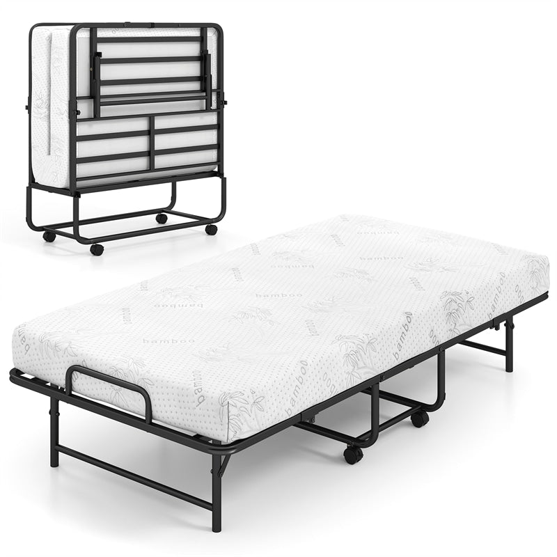 Twin Size Rollaway Guest Bed, 75"x38" Portable Folding Bed with Memory Foam Mattress & Heavy-Duty Metal Frame for Apartment, Small Spaces