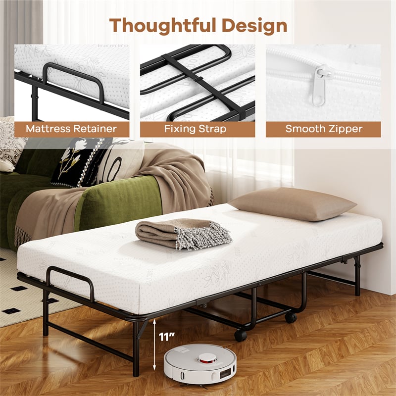 Twin Size Rollaway Guest Bed, 75"x38" Portable Folding Bed with Memory Foam Mattress & Heavy-Duty Metal Frame for Apartment, Small Spaces