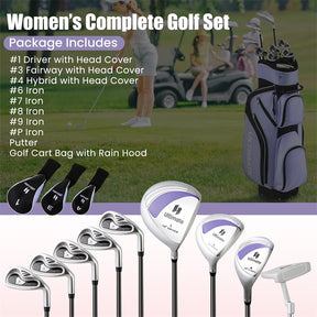 Women's Complete Golf Club Set, 10 Piece Ladies Right Handed Golf Set with 460cc Alloy Driver, Fairway Wood, Hybrid, Irons, Putter & Stand Bag