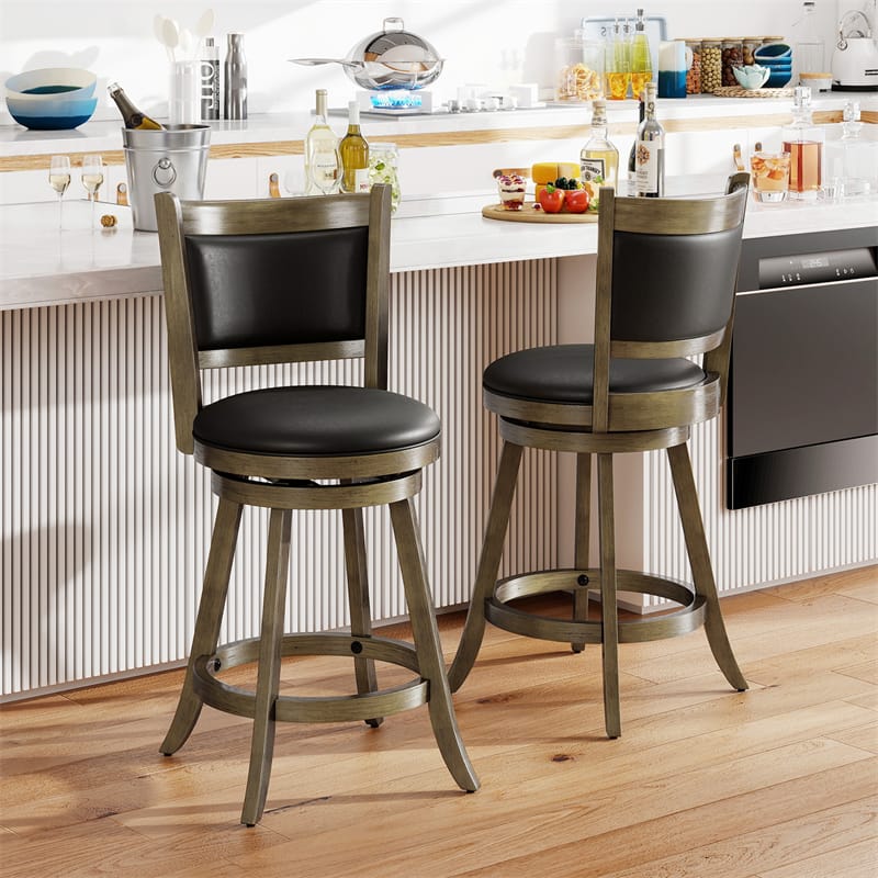 24" Wood Swivel Bar Stools Set of 2 with Back & PVC Leather Cushion Seat, Upholstered Counter Height Bar Chairs for Kitchen Dining Room
