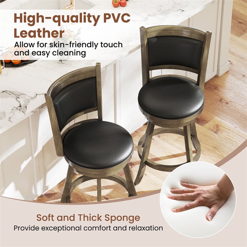 24" Wood Swivel Bar Stools Set of 2 with Back & PVC Leather Cushion Seat, Upholstered Counter Height Bar Chairs for Kitchen Dining Room