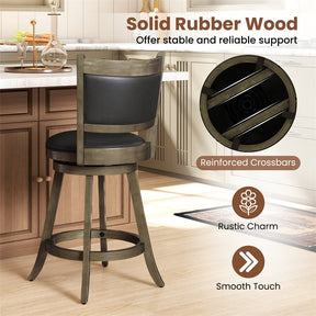 24" Wood Swivel Bar Stools Set of 2 with Back & PVC Leather Cushion Seat, Upholstered Counter Height Bar Chairs for Kitchen Dining Room