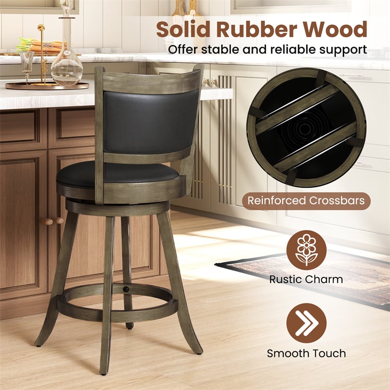 24" Wood Swivel Bar Stools Set of 2 with Back & PVC Leather Cushion Seat, Upholstered Counter Height Bar Chairs for Kitchen Dining Room