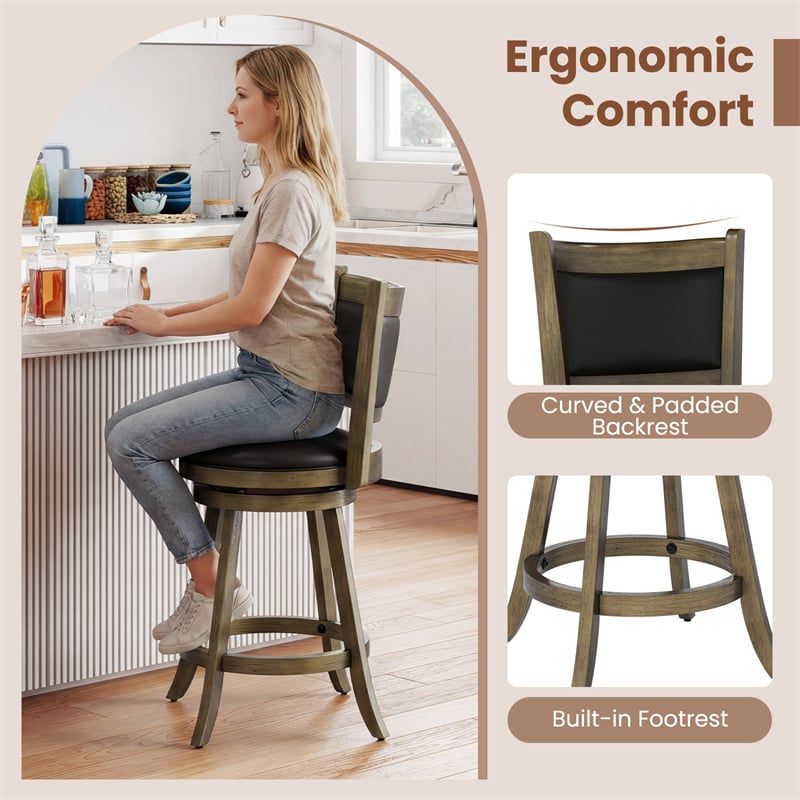 24" Wood Swivel Bar Stools Set of 2 with Back & PVC Leather Cushion Seat, Upholstered Counter Height Bar Chairs for Kitchen Dining Room