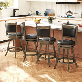 24" Wood Swivel Bar Stools Set of 2 with Back & PVC Leather Cushion Seat, Upholstered Counter Height Bar Chairs for Kitchen Dining Room